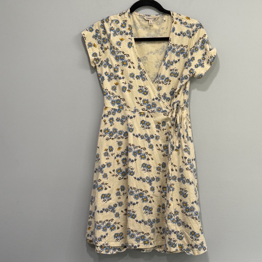 Toad&Co Freesia Wrap Short Sleeve Dress Yellow Floral Organic Cotton Tencel M